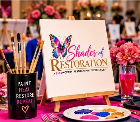 A Shades of Restoration painting station with canvas, brushes, and a paint palette