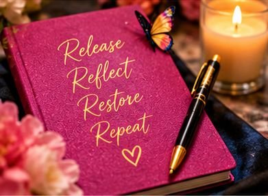 A journal and pen with the words release, reflect, restore, repeat