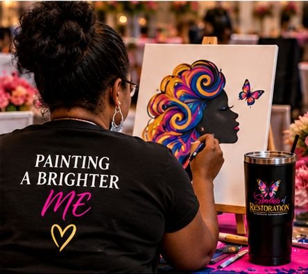 A woman painting a colorful portrait on canvas